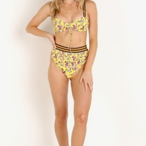 For Love & Lemons Paulina Shirred Bikini Bottom Yellow Floral XS - Picture 3 of 8